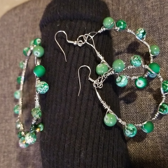 Boho Faux Jade Stone Chunky Bangle Earring Bracelet  Set - Picture 3 of 16